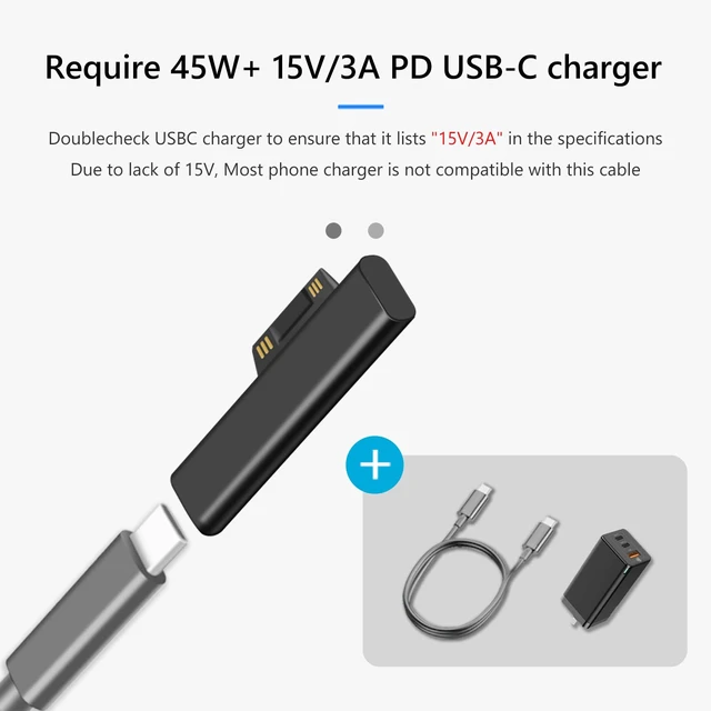 Alt view image 4 of 7 - Surface Connect to USB-C Charging Adapter for Microsoft Surface Pro 2-Pack, Female USB-C input, for Surface Pro 12/11/10/7/6/5/4/3 Laptop Go, requires 45W+ 15V/3A PD charger and Cable