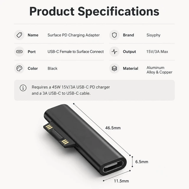 Alt view image 7 of 7 - Surface Connect to USB-C Charging Adapter for Microsoft Surface Pro 2-Pack, Female USB-C input, for Surface Pro 12/11/10/7/6/5/4/3 Laptop Go, requires 45W+ 15V/3A PD charger and Cable