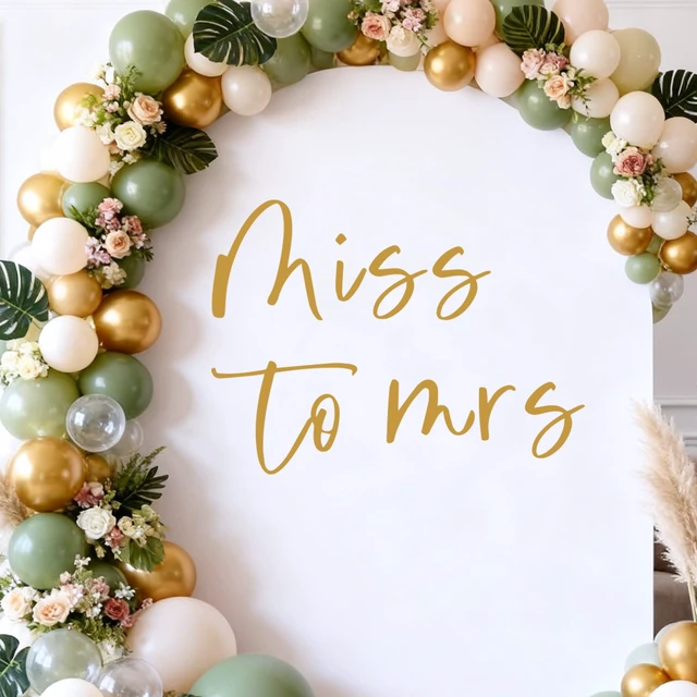 Alt view image 7 of 7 - Miss to Mrs Sign for Backdrop, Gold Miss to Mrs Decal Wall Sticker Banner for Balloon Arch, Bride to Be Bridal Shower Bachelorette Wedding Engagement Party Decorations (Not Balloon)