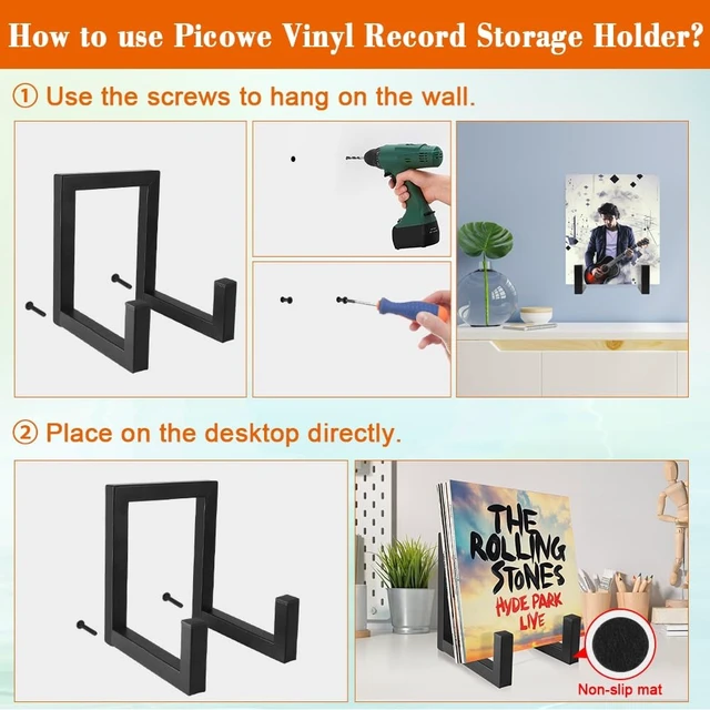 Alt view image 5 of 7 - Vinyl Record Storage Holder, Large 8" Black LP Record Holder Vinyl Display Rack Organizer for Albums, Metal Record Display Stand
