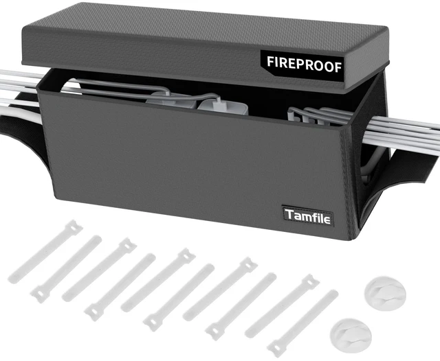 Main image of Cable Management Box, Fireproof Foldable Cord Organizer and Cover Heat Resistant Large Power Strip Organizer for TV Wires, Computer and USB Hub with Cable Clips & Reusable Cable Ties, Black