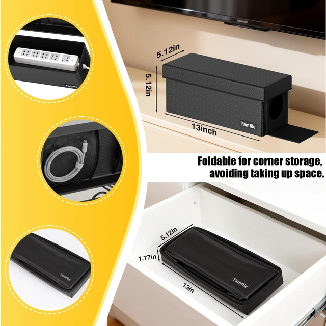 Alt view image 4 of 7 - Cable Management Box, Fireproof Foldable Cord Organizer and Cover Heat Resistant Large Power Strip Organizer for TV Wires, Computer and USB Hub with Cable Clips & Reusable Cable Ties, Black