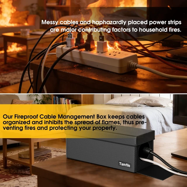 Alt view image 2 of 7 - Cable Management Box, Fireproof Foldable Cord Organizer and Cover Heat Resistant Large Power Strip Organizer for TV Wires, Computer and USB Hub with Cable Clips & Reusable Cable Ties, Black
