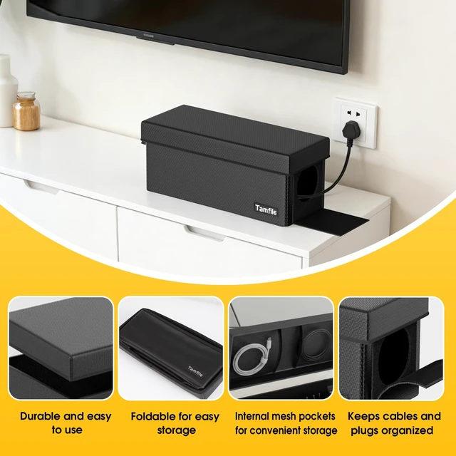 Alt view image 6 of 7 - Cable Management Box, Fireproof Foldable Cord Organizer and Cover Heat Resistant Large Power Strip Organizer for TV Wires, Computer and USB Hub with Cable Clips & Reusable Cable Ties, Black