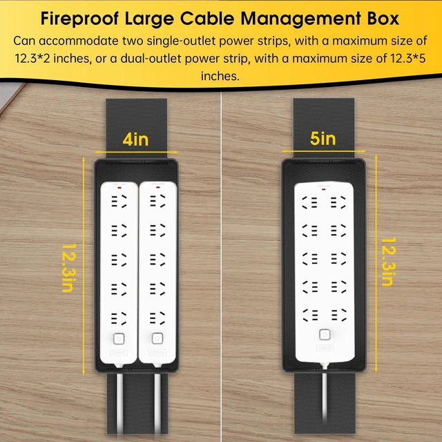 Alt view image 7 of 7 - Cable Management Box, Fireproof Foldable Cord Organizer and Cover Heat Resistant Large Power Strip Organizer for TV Wires, Computer and USB Hub with Cable Clips & Reusable Cable Ties, Black