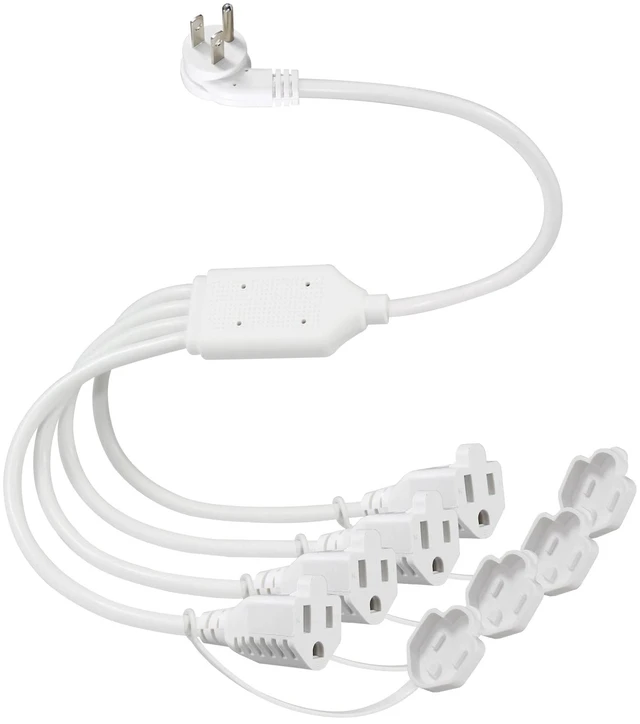 Main image of 4 Way Power Splitter 45 Degrees 1 to 4 Extended Outlets 1.5FT 1-Pack Lower Right Corner Downward Angled US Flat Plug Male to Female SVT 16AWG Extension Cable Strip for Home, Office, School White