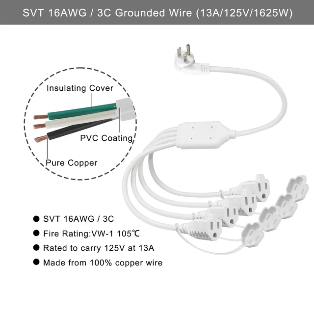 Alt view image 4 of 7 - 4 Way Power Splitter 45 Degrees 1 to 4 Extended Outlets 1.5FT 1-Pack Lower Right Corner Downward Angled US Flat Plug Male to Female SVT 16AWG Extension Cable Strip for Home, Office, School White