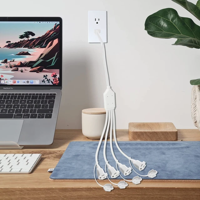 Alt view image 7 of 7 - 4 Way Power Splitter 45 Degrees 1 to 4 Extended Outlets 1.5FT 1-Pack Lower Right Corner Downward Angled US Flat Plug Male to Female SVT 16AWG Extension Cable Strip for Home, Office, School White
