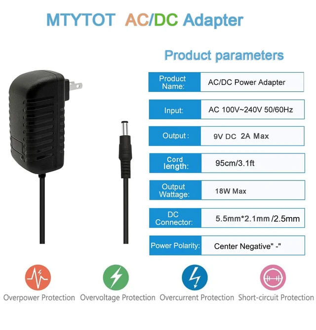 Alt view image 2 of 7 - 9Volt DC Guitar Pedal Power Supply 2A Max 9 Volt Power Adapter DC 9V Power Cord with 5.5x2.1mm2.5mm Plug Center Negative for dc9v Guitar Pedal (Pack of 2)