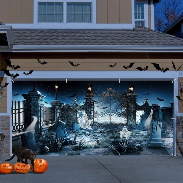 Alt view image 2 of 5 - Scary Halloween Garage Door Cover Halloween Night Eve Garage Door Banner 7x16ft Horror Halloween Party Decoration Haunted House Cemetery Backdrop for Festival Outdoor Home Yard Garage Wall Decor