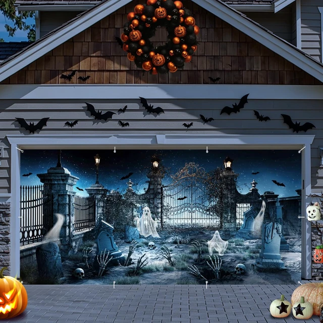 Alt view image 3 of 5 - Scary Halloween Garage Door Cover Halloween Night Eve Garage Door Banner 7x16ft Horror Halloween Party Decoration Haunted House Cemetery Backdrop for Festival Outdoor Home Yard Garage Wall Decor