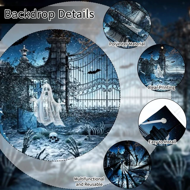 Alt view image 4 of 5 - Scary Halloween Garage Door Cover Halloween Night Eve Garage Door Banner 7x16ft Horror Halloween Party Decoration Haunted House Cemetery Backdrop for Festival Outdoor Home Yard Garage Wall Decor
