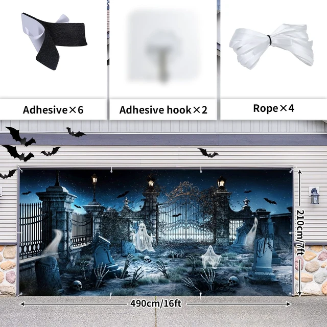 Alt view image 5 of 5 - Scary Halloween Garage Door Cover Halloween Night Eve Garage Door Banner 7x16ft Horror Halloween Party Decoration Haunted House Cemetery Backdrop for Festival Outdoor Home Yard Garage Wall Decor