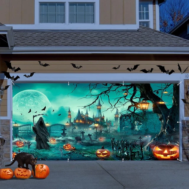 Alt view image 2 of 5 - Creepy Halloween Garage Door Cover 7x16ft Grim Reaper Garage Door Decor Large Hanging Halloween Garage Door Banner,Scary Haunted House Tombstones Pumpkin Backdrop for Outdoor Halloween Yard Decor