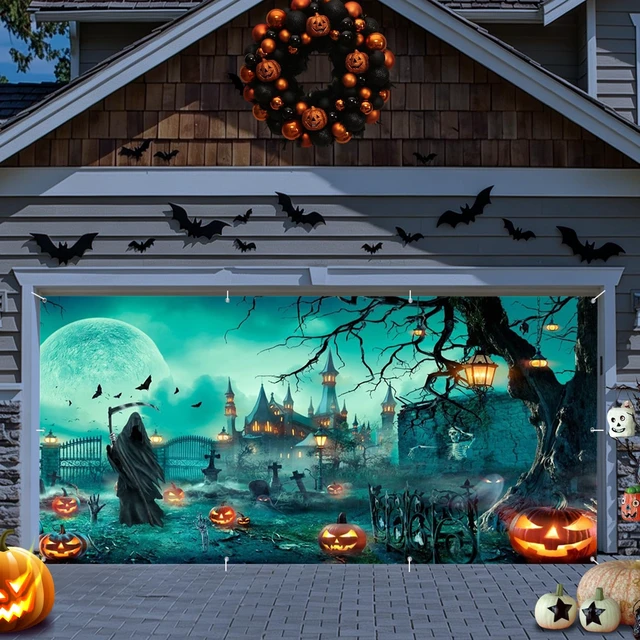 Alt view image 3 of 5 - Creepy Halloween Garage Door Cover 7x16ft Grim Reaper Garage Door Decor Large Hanging Halloween Garage Door Banner,Scary Haunted House Tombstones Pumpkin Backdrop for Outdoor Halloween Yard Decor