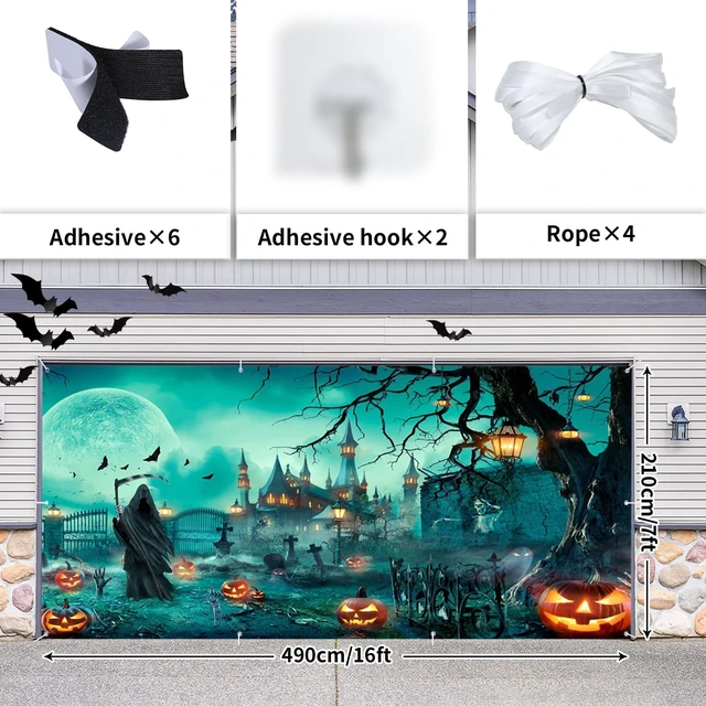 Alt view image 5 of 5 - Creepy Halloween Garage Door Cover 7x16ft Grim Reaper Garage Door Decor Large Hanging Halloween Garage Door Banner,Scary Haunted House Tombstones Pumpkin Backdrop for Outdoor Halloween Yard Decor
