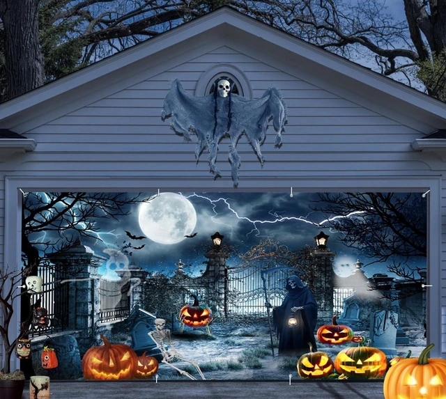 Main image of Halloween Garage Door Cover 7x16ft Spooky Haunted Graveyard Garage Backdrop Large Hanging 2Car Halloween Garage Door Banner,Scary Moon Bat Ghosts Tombstones Glowing Pumpkins Decor for Halloween Party