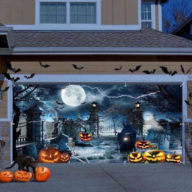 Alt view image 2 of 5 - Halloween Garage Door Cover 7x16ft Spooky Haunted Graveyard Garage Backdrop Large Hanging 2Car Halloween Garage Door Banner,Scary Moon Bat Ghosts Tombstones Glowing Pumpkins Decor for Halloween Party
