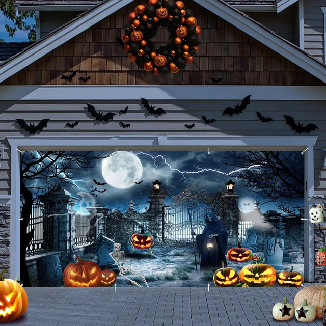 Alt view image 3 of 5 - Halloween Garage Door Cover 7x16ft Spooky Haunted Graveyard Garage Backdrop Large Hanging 2Car Halloween Garage Door Banner,Scary Moon Bat Ghosts Tombstones Glowing Pumpkins Decor for Halloween Party