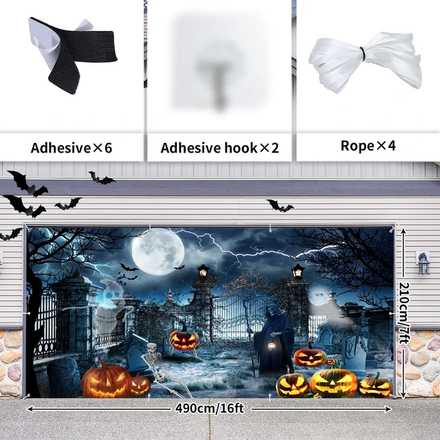 Alt view image 5 of 5 - Halloween Garage Door Cover 7x16ft Spooky Haunted Graveyard Garage Backdrop Large Hanging 2Car Halloween Garage Door Banner,Scary Moon Bat Ghosts Tombstones Glowing Pumpkins Decor for Halloween Party