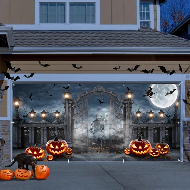Alt view image 2 of 5 - Halloween Garage Door Cover 7x16ft Graveyard Gate Skeleton Garage Backdrop Spooky Halloween Night Eve Garage Banner with Glowing Jack o Lanterns Bats Witch and Full Moon for Outdoor Yard Party Decor