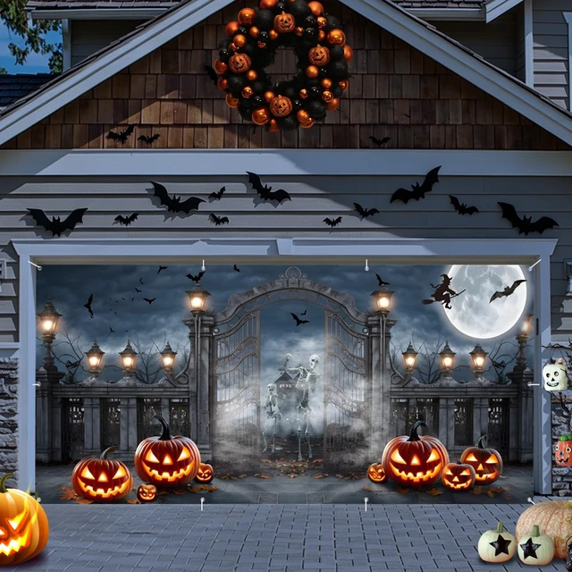 Alt view image 3 of 5 - Halloween Garage Door Cover 7x16ft Graveyard Gate Skeleton Garage Backdrop Spooky Halloween Night Eve Garage Banner with Glowing Jack o Lanterns Bats Witch and Full Moon for Outdoor Yard Party Decor