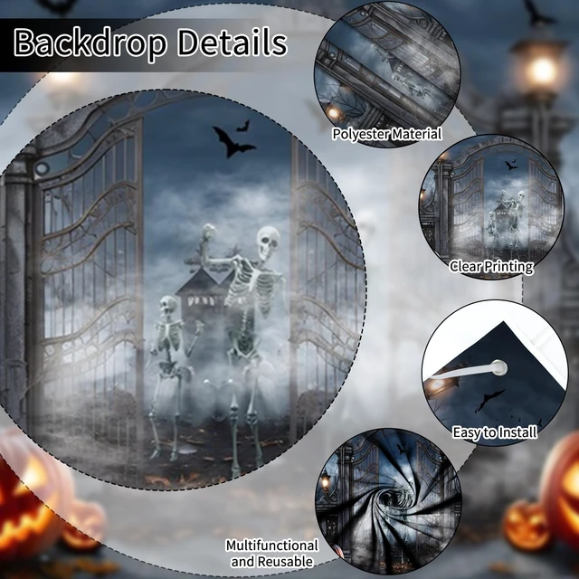 Alt view image 4 of 5 - Halloween Garage Door Cover 7x16ft Graveyard Gate Skeleton Garage Backdrop Spooky Halloween Night Eve Garage Banner with Glowing Jack o Lanterns Bats Witch and Full Moon for Outdoor Yard Party Decor
