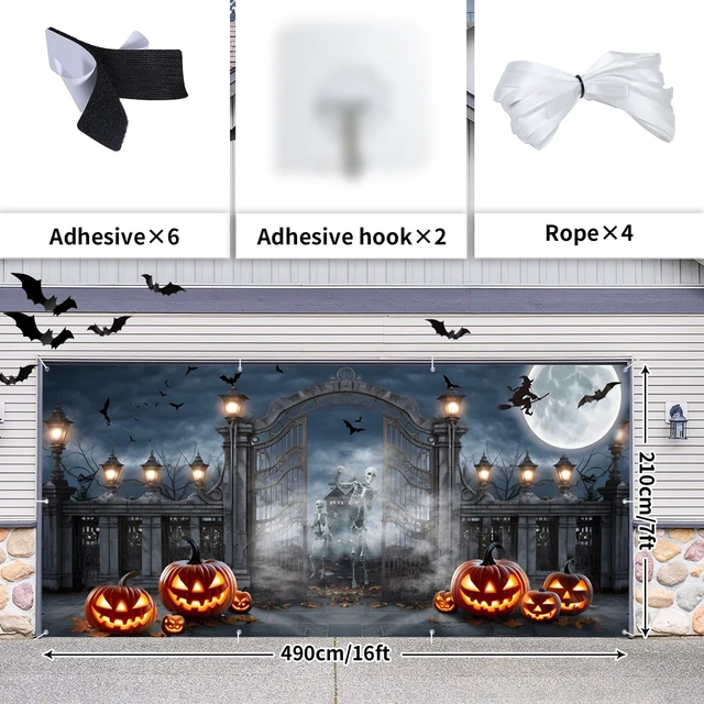 Alt view image 5 of 5 - Halloween Garage Door Cover 7x16ft Graveyard Gate Skeleton Garage Backdrop Spooky Halloween Night Eve Garage Banner with Glowing Jack o Lanterns Bats Witch and Full Moon for Outdoor Yard Party Decor