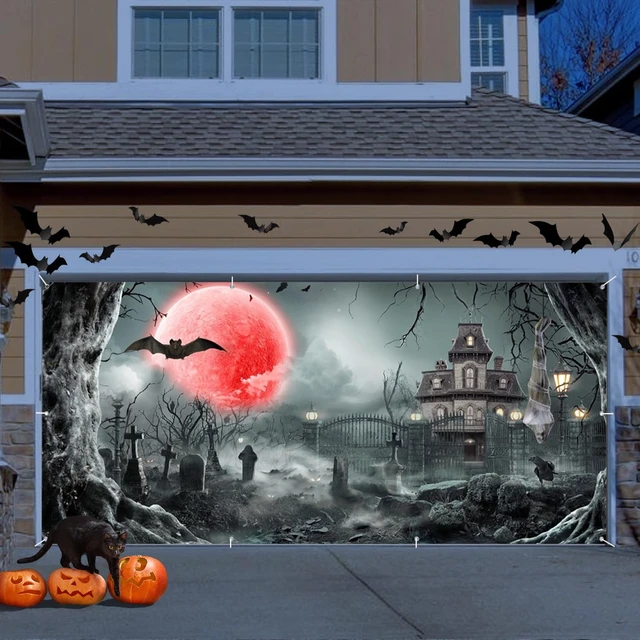 Alt view image 2 of 5 - Halloween Night Eve Garage Door Cover 7x16ft Horror Cemetery Blood Moon Scary Halloween Double Garage Door Banner with Red Full Moon Haunted House Backdrop for Outdoor Holiday Garage Wall Decor