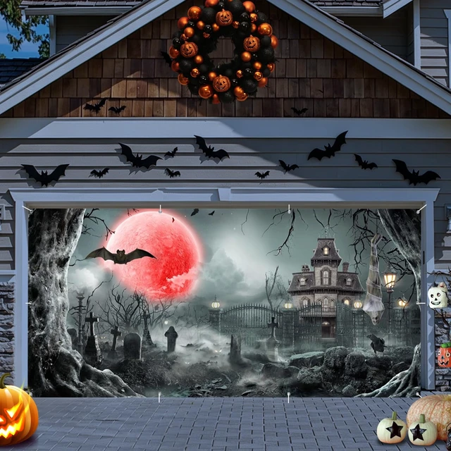 Alt view image 3 of 5 - Halloween Night Eve Garage Door Cover 7x16ft Horror Cemetery Blood Moon Scary Halloween Double Garage Door Banner with Red Full Moon Haunted House Backdrop for Outdoor Holiday Garage Wall Decor