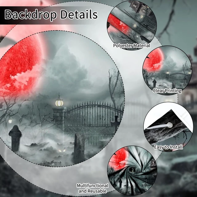 Alt view image 4 of 5 - Halloween Night Eve Garage Door Cover 7x16ft Horror Cemetery Blood Moon Scary Halloween Double Garage Door Banner with Red Full Moon Haunted House Backdrop for Outdoor Holiday Garage Wall Decor