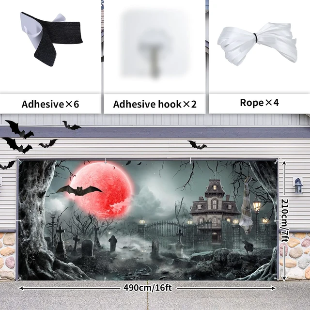 Alt view image 5 of 5 - Halloween Night Eve Garage Door Cover 7x16ft Horror Cemetery Blood Moon Scary Halloween Double Garage Door Banner with Red Full Moon Haunted House Backdrop for Outdoor Holiday Garage Wall Decor