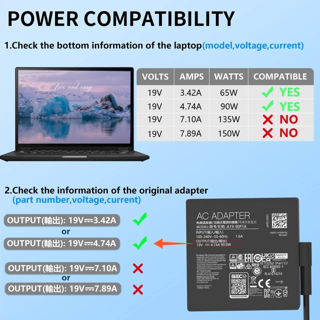 Alt view image 4 of 7 - 90W 19V 4.74A 5.5 * 2.5mm Charger for Asus ADP-90YD B ROG Swift Monitor Compatible with Asus 90W 5.5*2.5mm Q550L VG27AQ X550L X550LA VG278 VG279 VG245H VG245 VG248QE VX248 VX228H VX279H Adapter