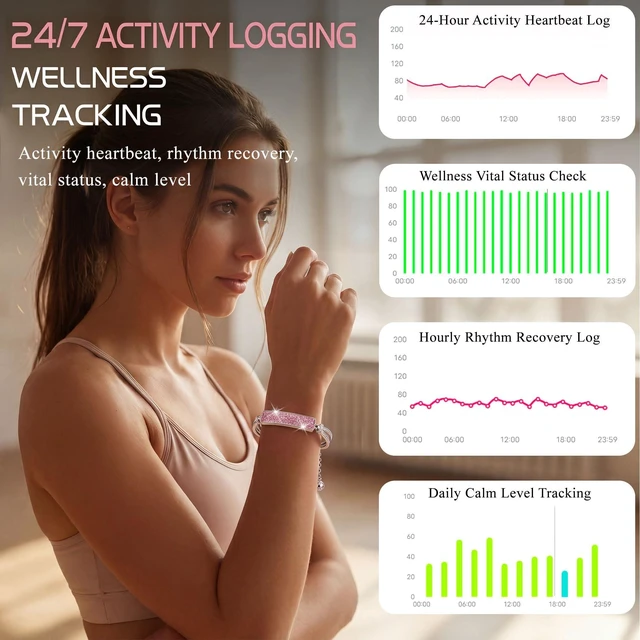 Alt view image 2 of 7 - Smart Bracelet for Women, Step Counter Fitness Tracker Jewelry Bracelet Design, Step Counter, Sleep Tracking, 1ATM Water Resistant, Multi-Sport Modes, No Subscription, 2 Bands