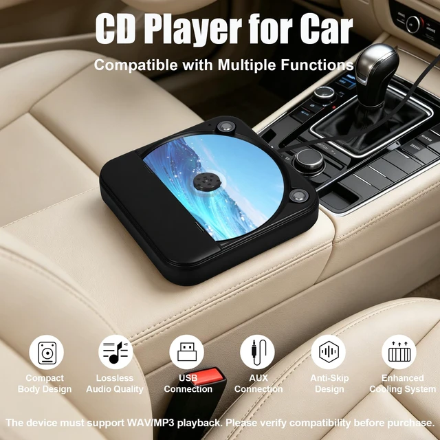 Alt view image 2 of 7 - Portable CD Player for Car, External Car CD Player (Black) USB Plug and Play, AUX Port, USB Extension Cable, Personal CD Players for Laptop/Computer/TV