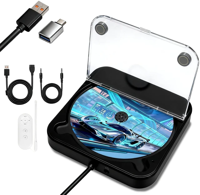 Main image of Portable CD Player for Car, External Car CD Player (Black) USB Plug and Play, AUX Port, USB Extension Cable, Personal CD Players for Laptop/Computer/TV