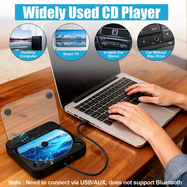 Alt view image 7 of 7 - Portable CD Player for Car, External Car CD Player (Black) USB Plug and Play, AUX Port, USB Extension Cable, Personal CD Players for Laptop/Computer/TV