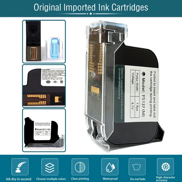 Alt view image 3 of 7 - Original 42ml Black Quick Dry Solvent Ink Cartridge Replacement PS127 for 0.5inch/12.7mm Handheld Inkjet Printers P15 / P16 / P18 and 0.5-inch Mini Inkjet Printer (PS127 Cartridge)