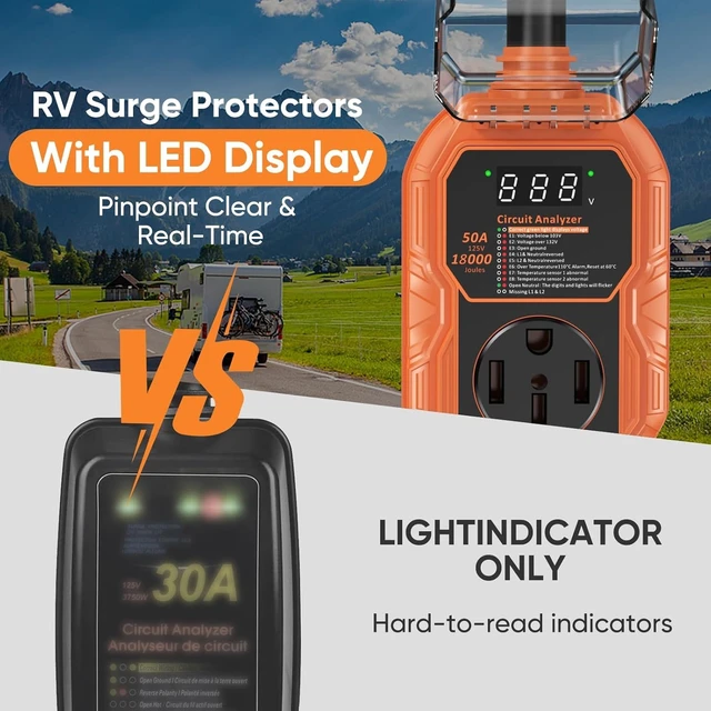 Alt view image 3 of 7 - RV Surge Protector 50 Amp with Smart LED Display, 18000J RV Circuit Analyzer Waterproof with High/Low Voltage Protection, RV Adapter Plug for Camper with Voltage Monitoring, Clear Error Codes