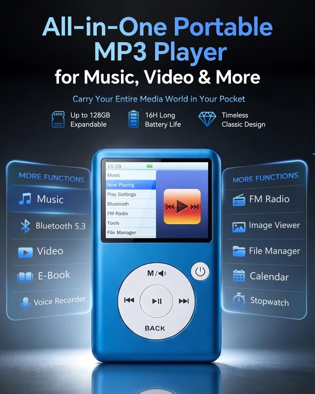 Alt view image 2 of 7 - MP3 Player with Bluetooth 5.3, HiFi Lossless Sound, Click Wheel Portable Music Player for Kids and Adults, FM Radio, Voice Recorder, Video, 8GB Built-in Expandable to 128GB Blue