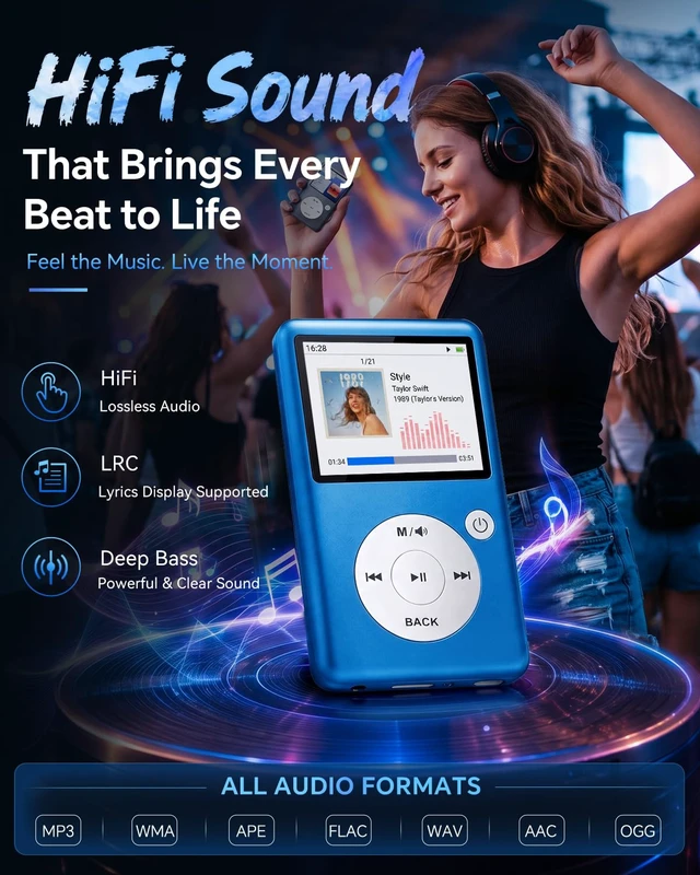 Alt view image 3 of 7 - MP3 Player with Bluetooth 5.3, HiFi Lossless Sound, Click Wheel Portable Music Player for Kids and Adults, FM Radio, Voice Recorder, Video, 8GB Built-in Expandable to 128GB Blue