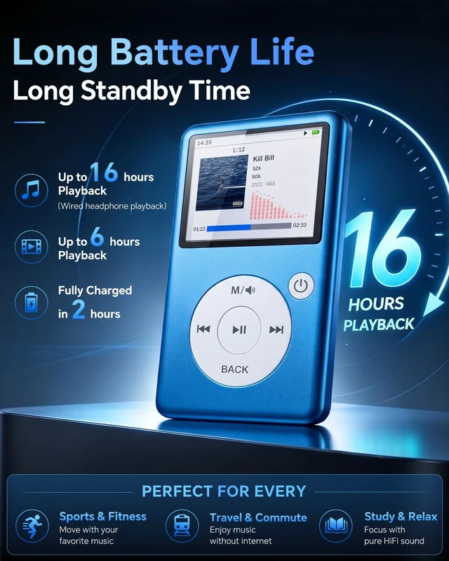 Alt view image 5 of 7 - MP3 Player with Bluetooth 5.3, HiFi Lossless Sound, Click Wheel Portable Music Player for Kids and Adults, FM Radio, Voice Recorder, Video, 8GB Built-in Expandable to 128GB Blue