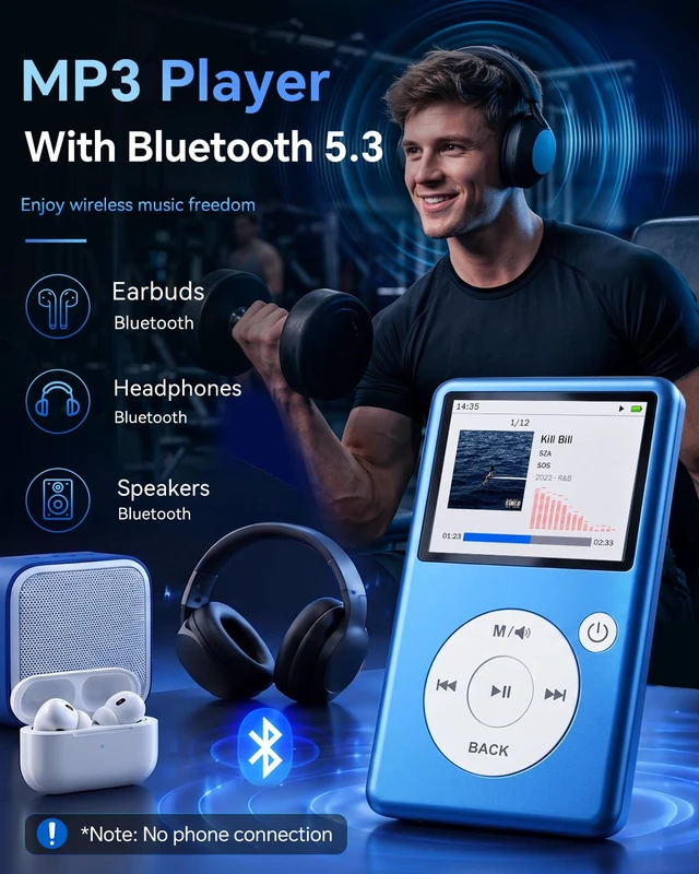 Alt view image 6 of 7 - MP3 Player with Bluetooth 5.3, HiFi Lossless Sound, Click Wheel Portable Music Player for Kids and Adults, FM Radio, Voice Recorder, Video, 8GB Built-in Expandable to 128GB Blue
