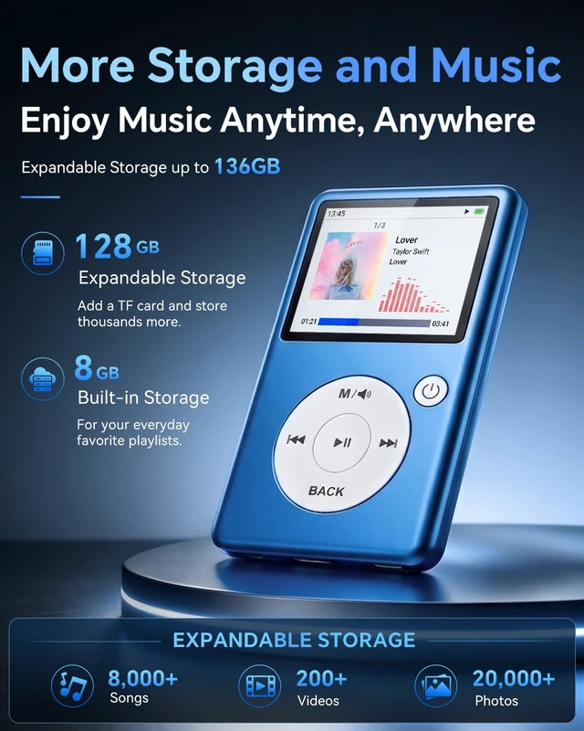 Alt view image 7 of 7 - MP3 Player with Bluetooth 5.3, HiFi Lossless Sound, Click Wheel Portable Music Player for Kids and Adults, FM Radio, Voice Recorder, Video, 8GB Built-in Expandable to 128GB Blue