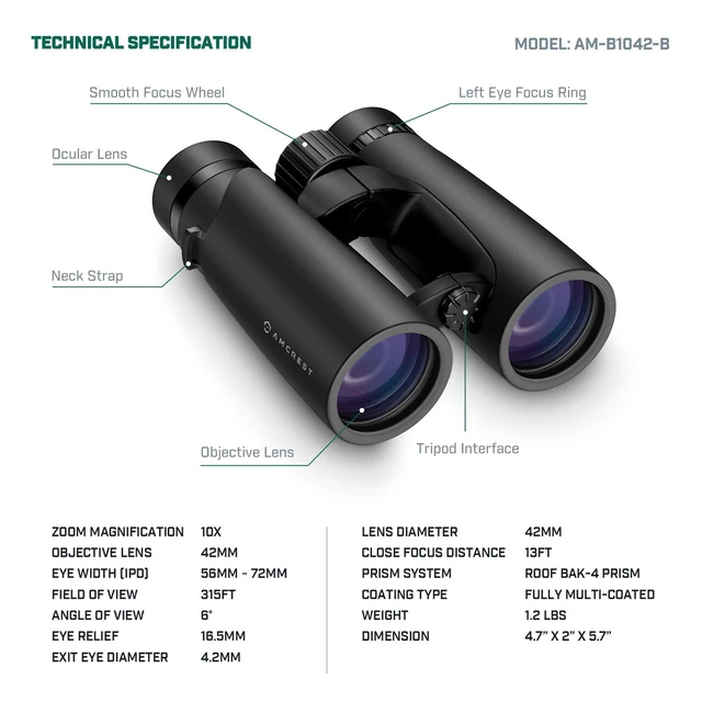 Alt view image 4 of 6 - 10x42 Roof Prism Binoculars for Adults, HD Professional Binoculars for Bird Watching, Travel, Stargazing, Hunting, Concerts, Sports, BAK-4 Prisms, Smart Phone Adaptor for Photography
