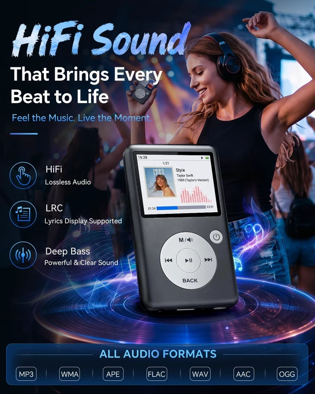 Alt view image 3 of 7 - MP3 Player with Bluetooth 5.3, HiFi Lossless Sound, Click Wheel Portable Music Player for Kids and Adults, FM Radio, Voice Recorder, Video, 8GB Built-in Expandable to 128GB Black