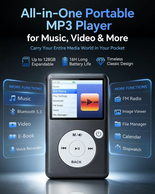 Alt view image 2 of 7 - MP3 Player with Bluetooth 5.3, HiFi Lossless Sound, Click Wheel Portable Music Player for Kids and Adults, FM Radio, Voice Recorder, Video, 8GB Built-in Expandable to 128GB Black