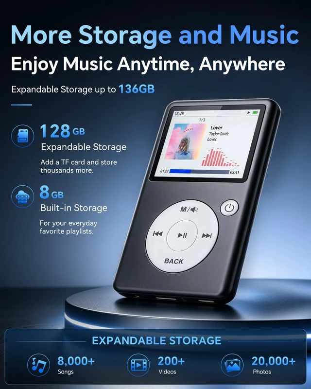 Alt view image 7 of 7 - MP3 Player with Bluetooth 5.3, HiFi Lossless Sound, Click Wheel Portable Music Player for Kids and Adults, FM Radio, Voice Recorder, Video, 8GB Built-in Expandable to 128GB Black