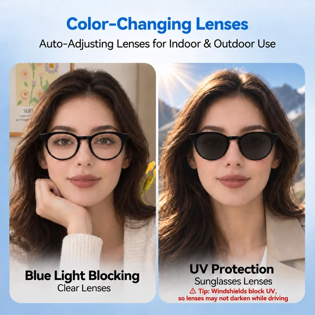 Alt view image 7 of 7 - AI Smart Glasses with AI Voice Assistant & Real-Time Translation Powered By Auro AI, Lightweight TR90, Bluetooth 5.4 Audio, Photochromic Lenses, 134mm Fit & Stylish Design for Women & Men