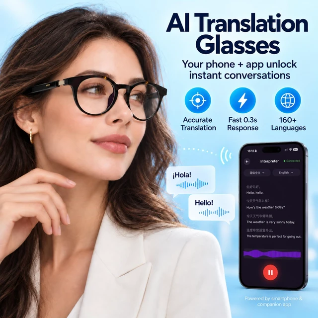 Alt view image 5 of 7 - AI Smart Glasses with AI Voice Assistant & Real-Time Translation Powered By Auro AI, Lightweight TR90, Bluetooth 5.4 Audio, Photochromic Lenses, 134mm Fit & Stylish Design for Women & Men